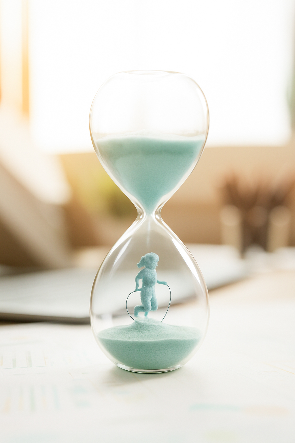 Sanduhr mit einer aus Sand modellierten Figur eines springenden Kindes – Symbol für kindliche Zeitwahrnehmung nach Montessori.
